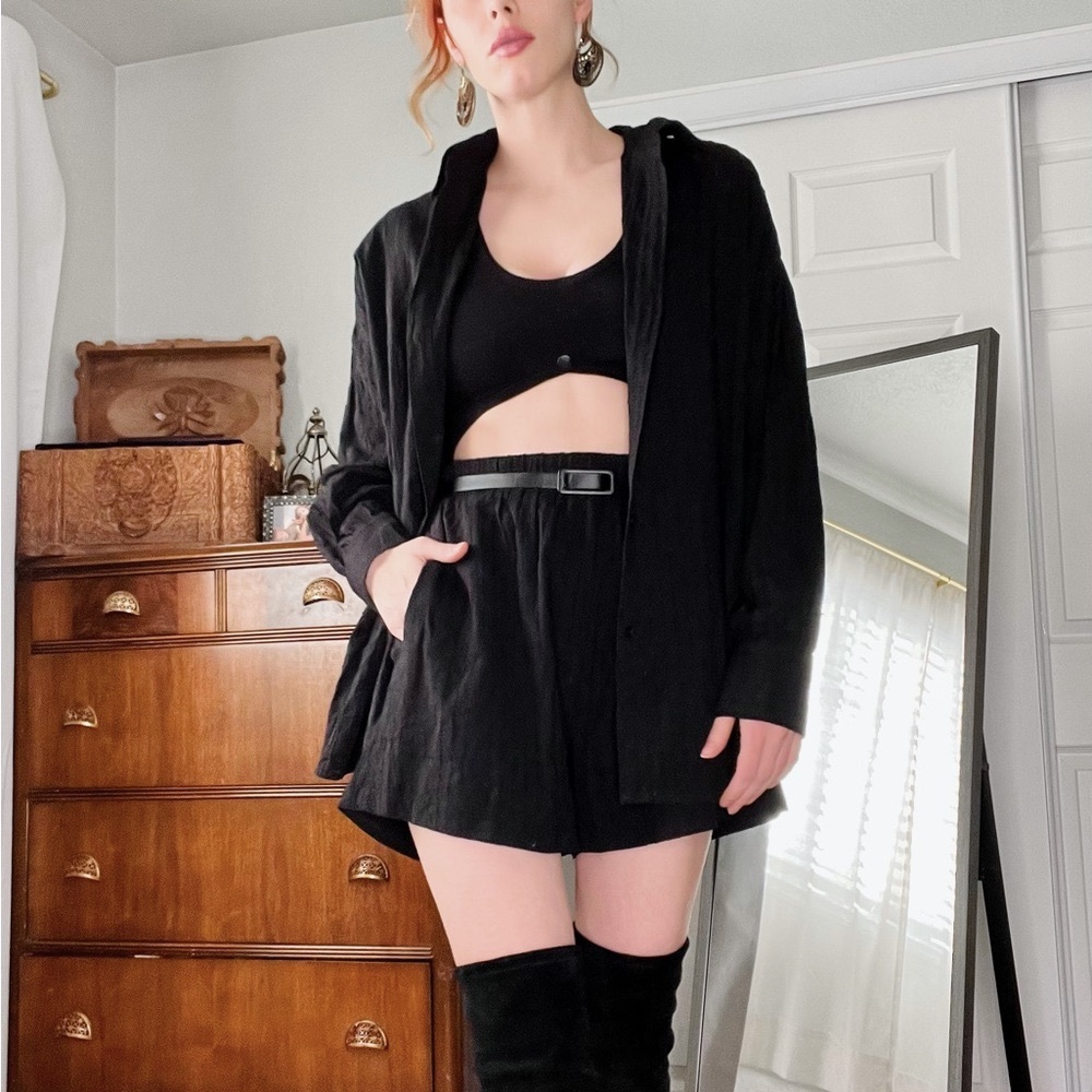 Two Piece Sexy Casual Textured Shirt & Short Set S/M